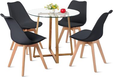 Стільниця обіднього столу H.J WeDoo кругла зі скла та 2 стільці в скандинавському стилі для балкона, вітальні та їдальні, білий колір. Комплект обідньої групи, 4 стільці з чорного буку