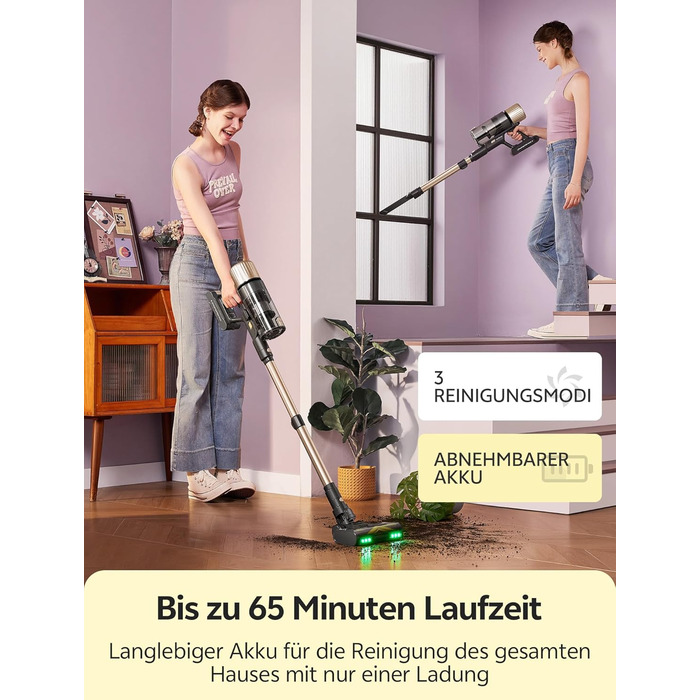 Бездротовий пилосос Ultenic з акумулятором, 50000Pa, 65 хв роботи, GreenEye, телескопічна труба, 6-ступенева фільтрація, антизаплутувальна щітка, для шерсті тварин/килимів/твердих поверхонь, колір шампань