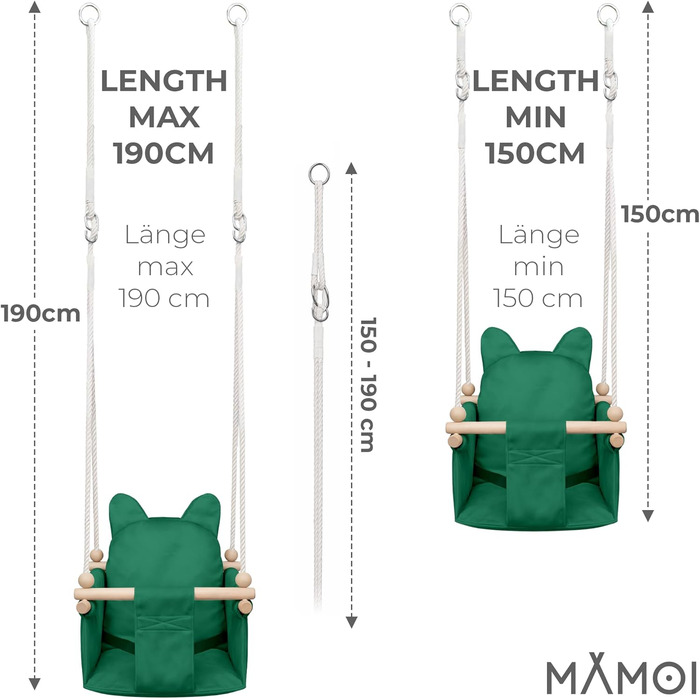 Дитяча гойдалка-колиска MAMOI з ременем безпеки, регульована висота 150-190 см, зелена. Гойдалка для дому, міцна конструкція, м'яке сидіння з велюру, легкий монтаж.