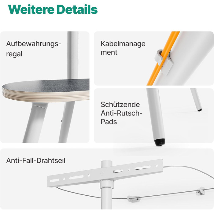 Настінна кріплення для телевізора 43-65 дюймів (LCD, LED, OLED) до 35 кг, регульована висота та поворотна, дерев'яна стійка з дерев'яним підносом, VESA 400x400 мм (білий глянц)