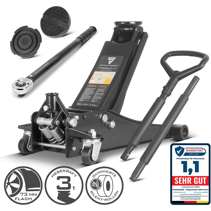Гідравлічний домкрат Stahlwerk 3т низькопрофільний (73-500мм) з набором для заміни коліс, чорний