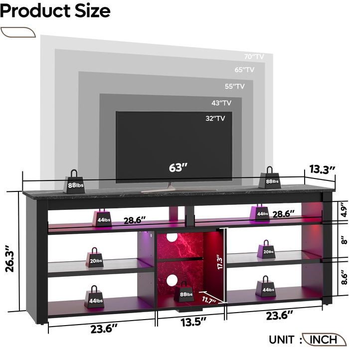 Тумба під телевізор Bestier 70 дюймів з LED-підсвіткою, для PS5, чорний мармур 160x33.8x66.8 см