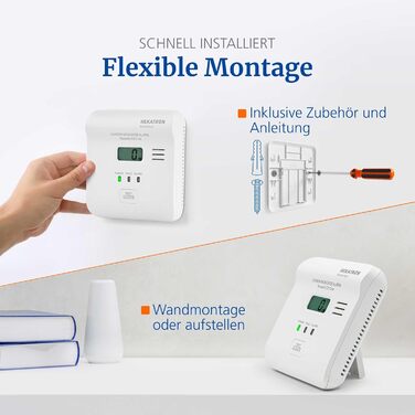 Датчик CO Hekatron KonexXt CO One з батареєю на 10 років – детектор чадного газу з дисплеєм та кнопкою тестування, проста установка
