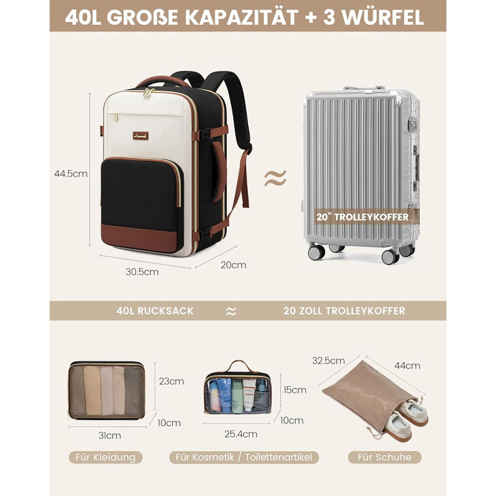 LOVEVOOK Рюкзак ручної поклажі, 17.3 дюйми, 40L, для подорожей та бізнесу, водонепроникний, для жінок, 45x30x20см, 4 кольори (Teegrün, Beige, Schwarz, Braun)