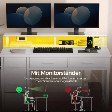 Комп'ютерний стіл Seventable з розетками та LED-підсвічуванням, 100 см, ігровий стіл з 5 шухлядами, стіл для офісу, робочого кабінету, спальні, вітальні, білий