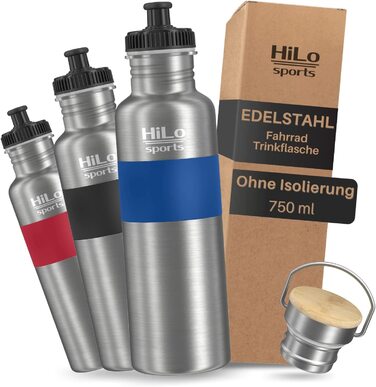 Спортивна пляшка для води HiLo Велосипед з нержавіючої сталі 750 мл - без ізоляції - з 2 кришками - Герметична велосипедна пляшка для води - Велосипедна пляшка без смаку (синя)