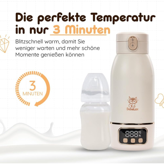 Підігрівач для дитячих пляшечок BEBELUX електричний, USB-C, 36W, Beige V1 - швидке нагрівання, підтримка температури, BPA-free, безпечний та герметичний