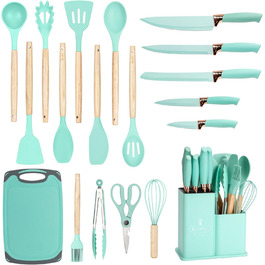 Набір кухонних ножів EliteHoff 19 предметів: 5 ножів, 12 кухонних аксесуарів, дошка для нарізання та підставка. Зручні дерев'яні ручки, силіконові аксесуари, безпечні для харчових продуктів, придатні для миття в посудомийній машині, чорний (E-6073)