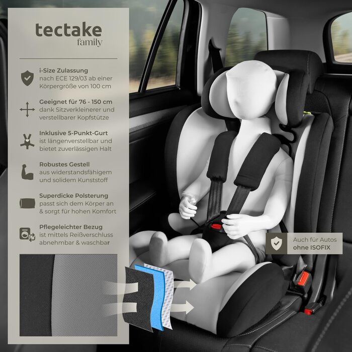 Автокрісло Tectake з 5-точковим ременем, i-Size, бічний захист, бустер для дітей 76-150 см (до 36 кг), світло-сірий/чорний