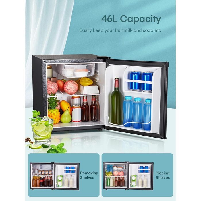 Міні-холодильник FOHERE 46L з відділенням для льоду | Компактний холодильник | Регулювання температури, енергозбереження, тиха робота | Холодильник для напоїв ідеально підходить для офісу, кемпінгу та геймінгу | Змінний бік відкривання дверцят | Чорний