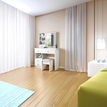 Дзеркальний туалетний столик з LED-підсвічуванням та пуфом, 6 ящиків, 3 полиці, сучасний дизайн, дерево, білий (T68)