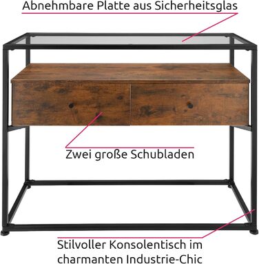 Консольний стіл Tectake з 2 ящиками та полицями, індустріальний стиль, скляна стільниця, 101,5x41,5x80,5 см, дерево, метал
