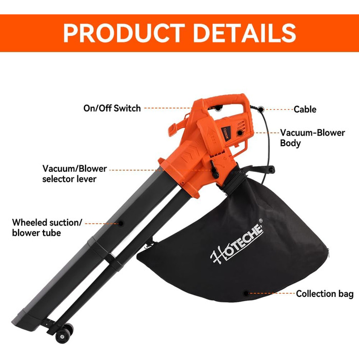 Hoteche 3000W потужний листягрій з функцією подрібнення та всмоктування | Швидкість вітру 270 км/год | Об'єм всмоктування 13 м³/хв | У комплекті мішок для збору листя 45л