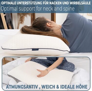 Подушка з піною з пам'яті Alkamto 70 x 45 см - ергономічна підтримка шиї - сертифікат Oeko-Tex - терморегулююча наволочка - гіпоалергенна та придатна для прання - для сну на спині та на боці 70 x 45 x 12 см