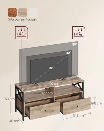 Тумба під ТВ VASAGLE, 120 см, для телевізора до 55 дюймів, 2 шухляди, 2 відкриті полиці, сталевий каркас, вінтажний колір, LTV300B01