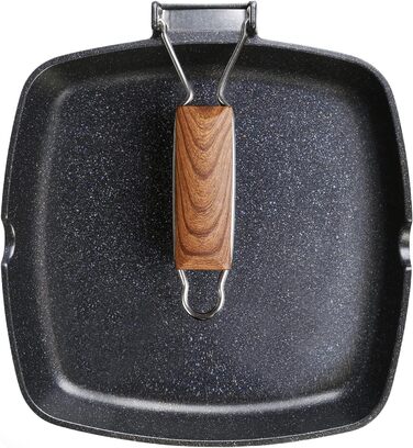 МИ ГОТУЄМО - Сковорода-гриль Ecochef 28x28см Антипригарне покриття QUANTANIUM Підходить для індукції Складна дерев'яна ручка, чорна, алюмінієва (24 х 24 см)