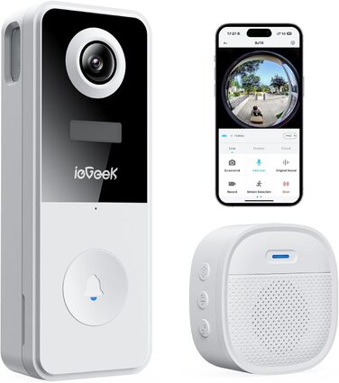 Відеодзвінок ieGeek з камерою 180° Fisheye, 2K 3MP, Wi-Fi, AI-розпізнавання руху, IP65, нічне бачення, Alexa, 2.4GHz