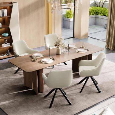 Обідні стільці поворотні, комплект 6 шт. з підлокітниками, 360° - м'які стільці з тканини льон, сучасний дизайн, металевий каркас, для кухні, вітальні, офісу, бежевий