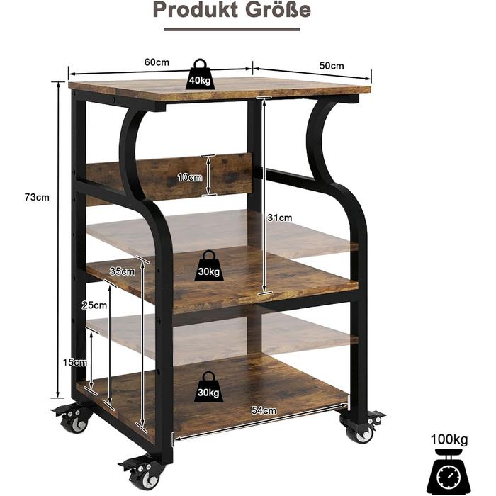 Регульований стіл для принтера PUNCIA з 3 ящиками та колесами. Мобільний візок для принтера з дерева та металу (60 x 50 см, Retro)