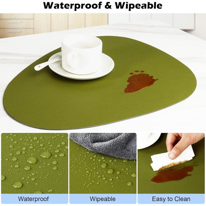 Набір з 6 підставників під тарілки, водонепроникні, з підставками, двосторонні, з імітацією шкіри, для обіднього столу, кухні, ресторану та дому (6 шт, зелений&сірий)