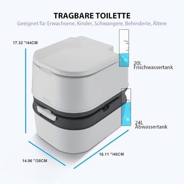 Мобільний туалет для кемпінгу з баком 24L та 20L, з бачком, покажчиком рівня води та щіткою
