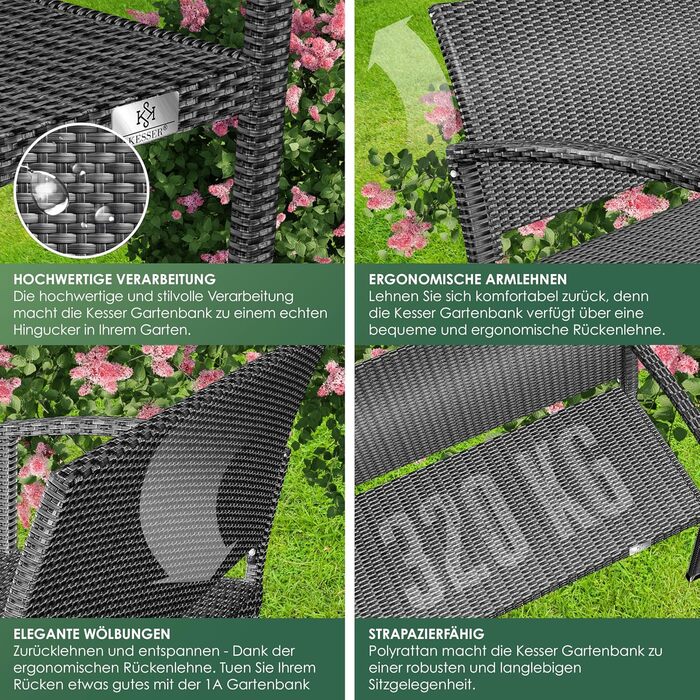 Садовий диван KESSER® з ротангу на 2 особи, вологостійкий, 125x62x90 см | Знімний чохол, ергономічні підлокітники, до 320 кг, антрацит