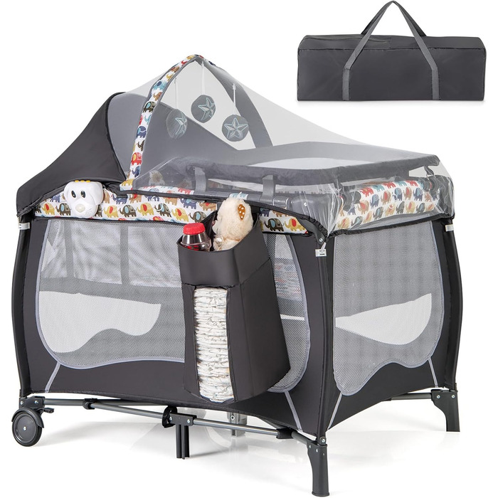 Дитяче ліжко-манеж DREAMADE 102x72 см, 3 в 1 з матрацом, москітною сіткою та пеленальним столиком, для немовлят та дітей 0-36 місяців (кольоровий)