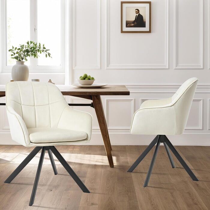 Крісла для їдальні з підлокітниками, набір обертових крісел, кухонні стільці, м'які крісла з поліестеру та металевими ніжками (2 шт., кремовий)