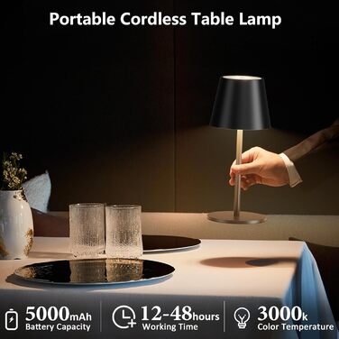 Лампа настільна LED акумуляторна Lundwa 26см, 5000mAh, 3W, 3000K, IP54, для кемпінгу, ресторану, спальні, бару (Чорний, 1 шт.)