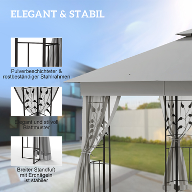 Газонний павільйон з двосхилим дахом, 3x3 м, водовідштовхувальний, стабільний, зимостійкий. Комплектується москітною сіткою. Колір: світло-сірий.