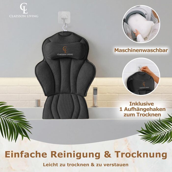 Подушка для ванни повномірна (152x56 см) з підголівником (11 см) чорного кольору – підтримка шиї, спини та ніг. Зі сумкою для прання та подорожей, гачком для сушіння.