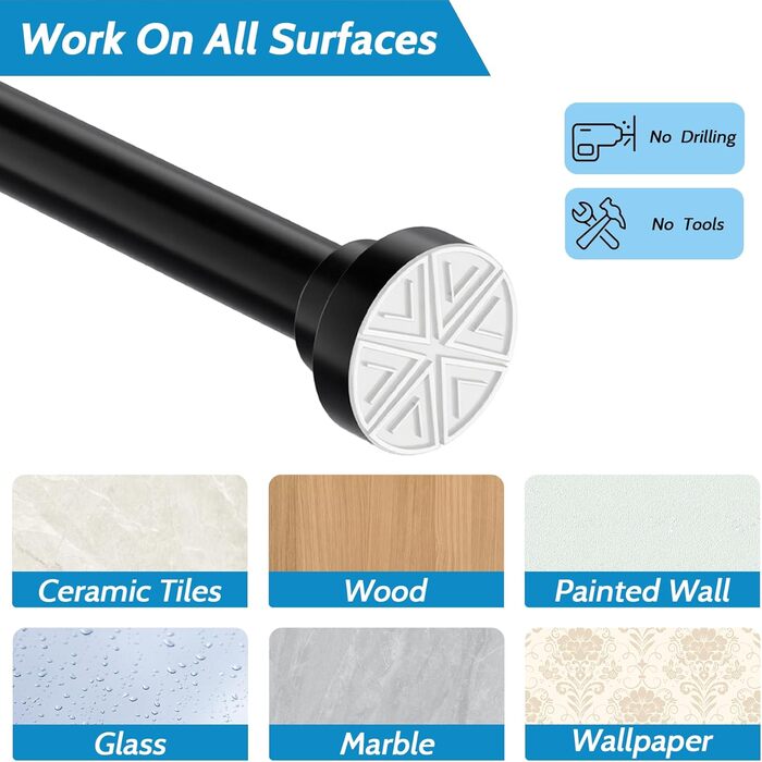 Висувна штанга для душу з нержавіючої сталі 185-250 см, без свердління, чорна