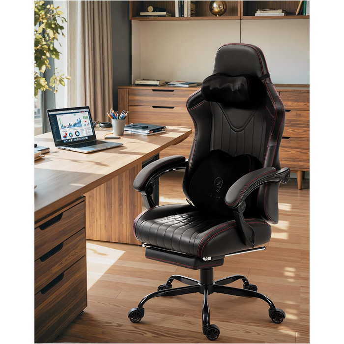 Ігровий крісло Dowinx з масажем, ергономічний дизайн, підтримка попереку та шиї, до 135 кг, шкіряне, чорний