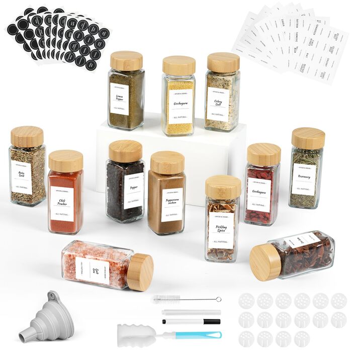 Набір скляних банок для спецій FRIBERG, 20 шт. з дерев'яними кришками, місткість 120 мл, млини для спецій, етикетки, контейнери для спецій