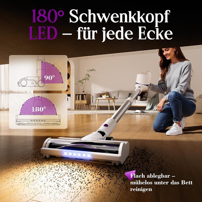 Бездротовий акумуляторний пилосос 45000 Па, 60 хв, 1,75 кг, 6-в-1 з сенсорним екраном, LED-підсвіткою, антизаплутувальною щіткою та зарядною станцією, 7-шарова фільтрація для шерсті тварин, килимів, твердих поверхонь, авто, білий з фіолетовим