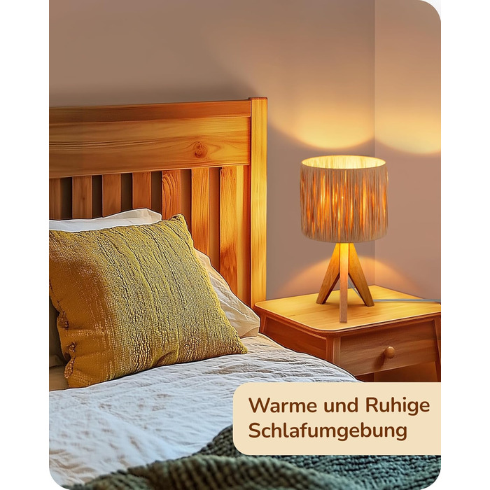 EDISHINE Настільна лампа з ручним плетінням, тепле світло 2700K, дерев'яний штатив, Boho стиль, для спальні, вітальні, готелю, з LED лампою E27 4W, абажур з ротангового паперу