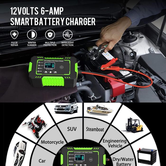 Зарядний пристрій для акумулятора 12V GREEN - автоматичний, інтелектуальний, з LCD, для авто, мото, газонокосарки, човна