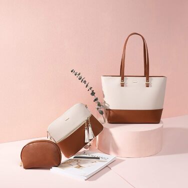 LOVEVOOK Набір сумок для жінок: 3 шт. (шоппер, сумка на плече, сумка з ручкою) для подорожей, роботи, покупок (бежевий+коричневий)