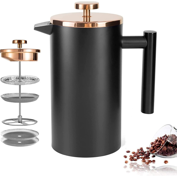 French Press MaxMiuly: Френч-прес для кави, 0,35 л, нержавіюча сталь, з подвійними стінками та 2 фільтрами (2 чашки)