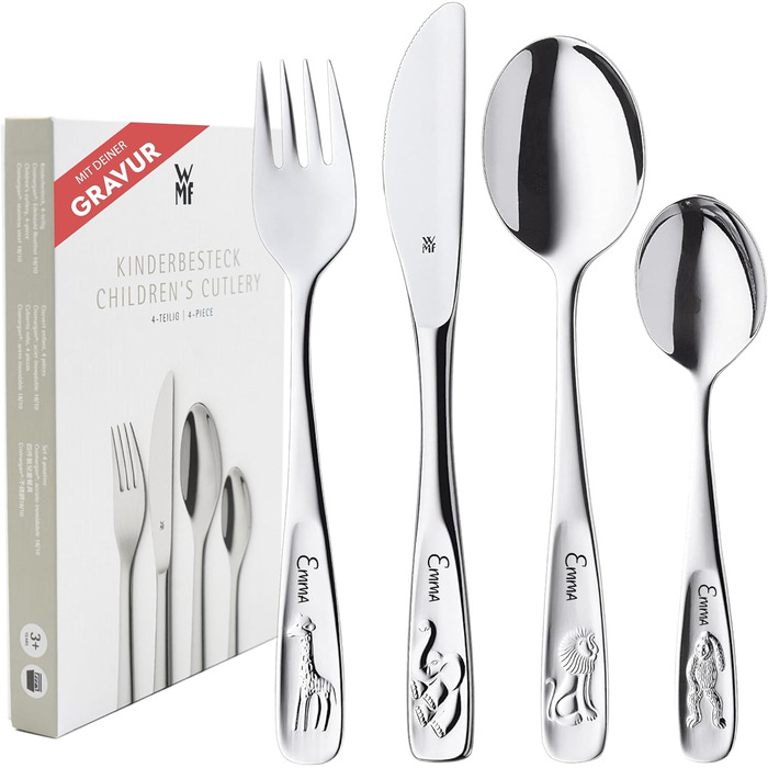 Дитячий столовий набір WMF Kinderbesteck з гравіюванням, нержавіюча сталь, 4 предмети, придатний для миття в посудомийній машині – подарунок на хрещення, подарунки на хрещення для дівчаток та хлопчиків, дитячий столовий набір з гравіюванням