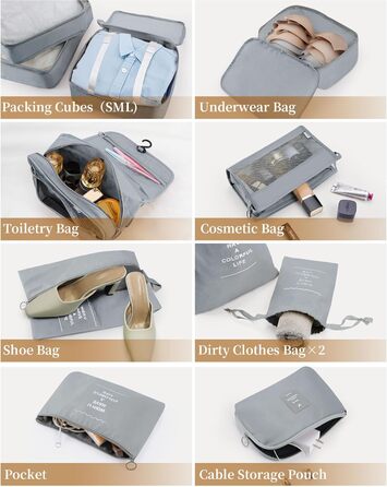 Набір органайзерів для подорожей Anjing (10 предметів), водонепроникні пакувальні куби для валізи, компактний набір для зберігання речей, темно-синій