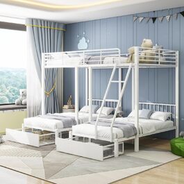 Ліжко Merax house з ящиками і полицями, дитяче ліжечко 90х200 см і 140х70см, ігрове ліжко з масиву дерева з огорожею і рейковою основою, L-подібна конструкція, для 2-х дитячих двоспальне ліжко, (біле-3 особи)