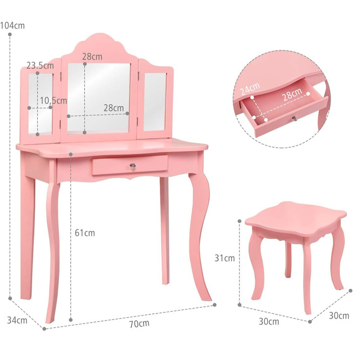Дитячий туалетний столик COSTWAY 2 в 1 з табуреткою, знімним дзеркалом і ящиком, 68x42x100см, рожевий