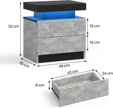 Cubehom LED тумба з дерева з 2 шухлядами, підсвічуванням, сіро-чорна для спальні та вітальні