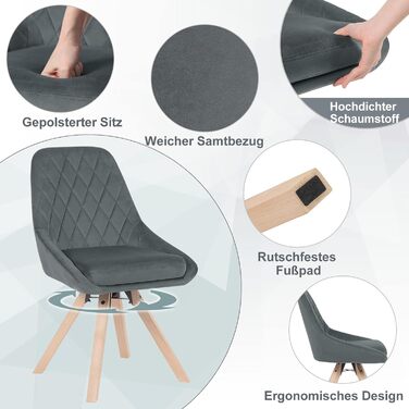 Крісла для їдальні WOLTU, набір 2 шт., поворотні, для кухні, вітальні, їдальні, з оксамитовим покриттям, на букових ніжках, до 150 кг, темно-сірий