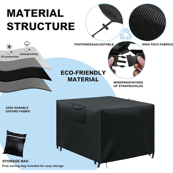 Водонепроникний чохол для садово-патіо меблів, анти-UV, міцний, 420D Oxford, 180x120x74 см (Чорний)