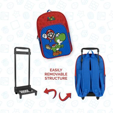 Дитячий рюкзак Super Mario на колесах - Рюкзак для дитячого садка для дітей 3 4 5 6 років - Шкільна сумка-візок з Yoshi - Рюкзак на колесах зі знімними колесами для маленьких хлопчиків - 36x25x12 см