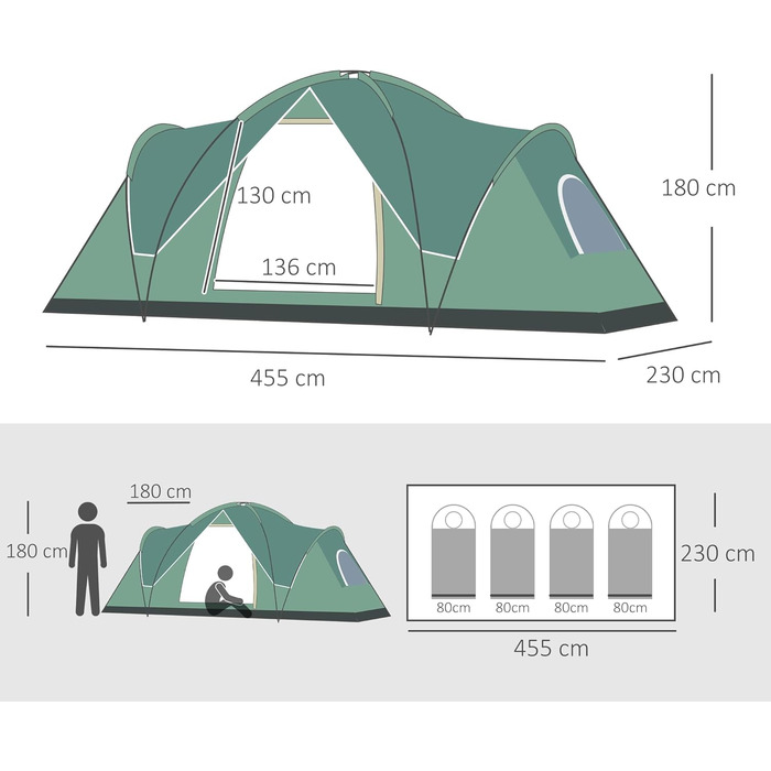 Намет Outsunny на 5-6 осіб, кемпінговий намет з кілочками, тунельний намет, купольний намет, поліестер, 4,55 х 2,3 х 1,8 м зелений
