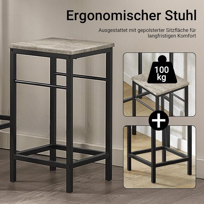 Набір обіднього столу SoBuy (3 шт.) – обідній стіл з 2 стільцями, компактний кухонний набір для вітальні, балкону, саду – компактний та сучасний для невеликих приміщень, 80x50 см, сірий