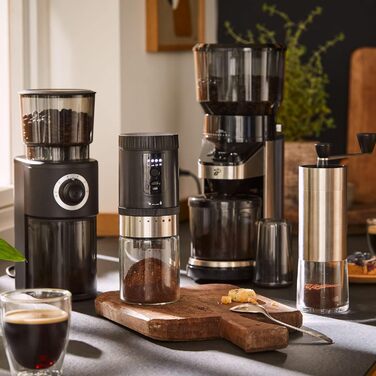 Електрична кавомолка Tchibo з керамічним жорном, регульований помел, срібна (з акумулятором)